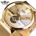 Winner Male Golden Watches Automatic Business Wrist Watch Skeleton Analog Mesh Steel Band Self-Wind Mechanical Reloj Hombre