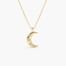 Elegant Gold Plating 925 Sterling Silver Cubic Zircon Star Setting Crescent Moon Pendant Necklace for Women