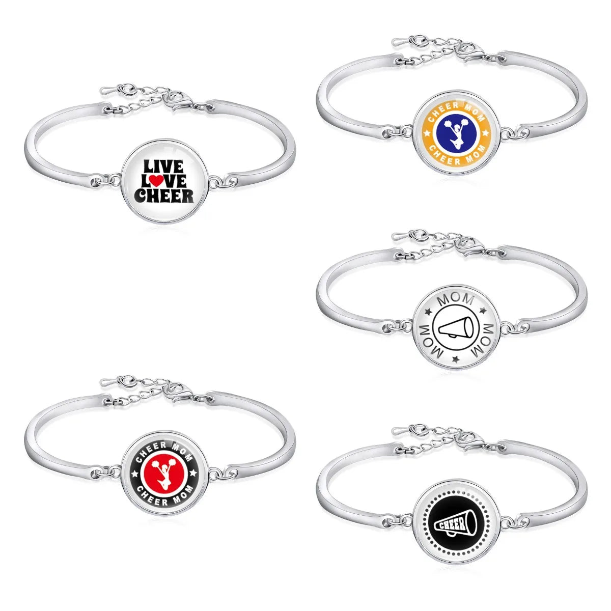 Manufacturer Live Love Cheer Mom Cheerleader Team Megaphone Cheerleading Squad Glass Cabochon Charm Bangle Bracelet