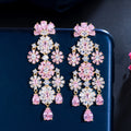Long Tassel Flower Drop Pink Cubic Zirconia Stone Large Women Party Costume Wedding Earrings Jewelry for Brides