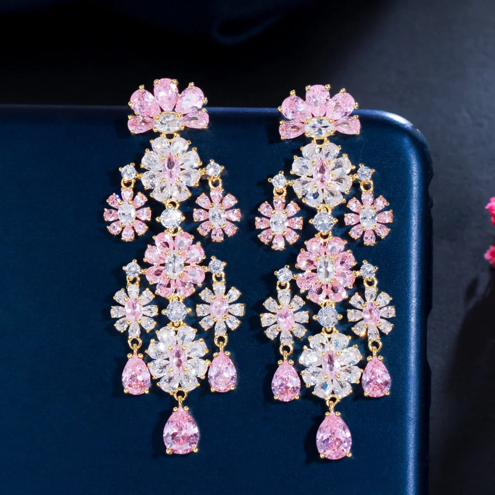 Long Tassel Flower Drop Pink Cubic Zirconia Stone Large Women Party Costume Wedding Earrings Jewelry for Brides