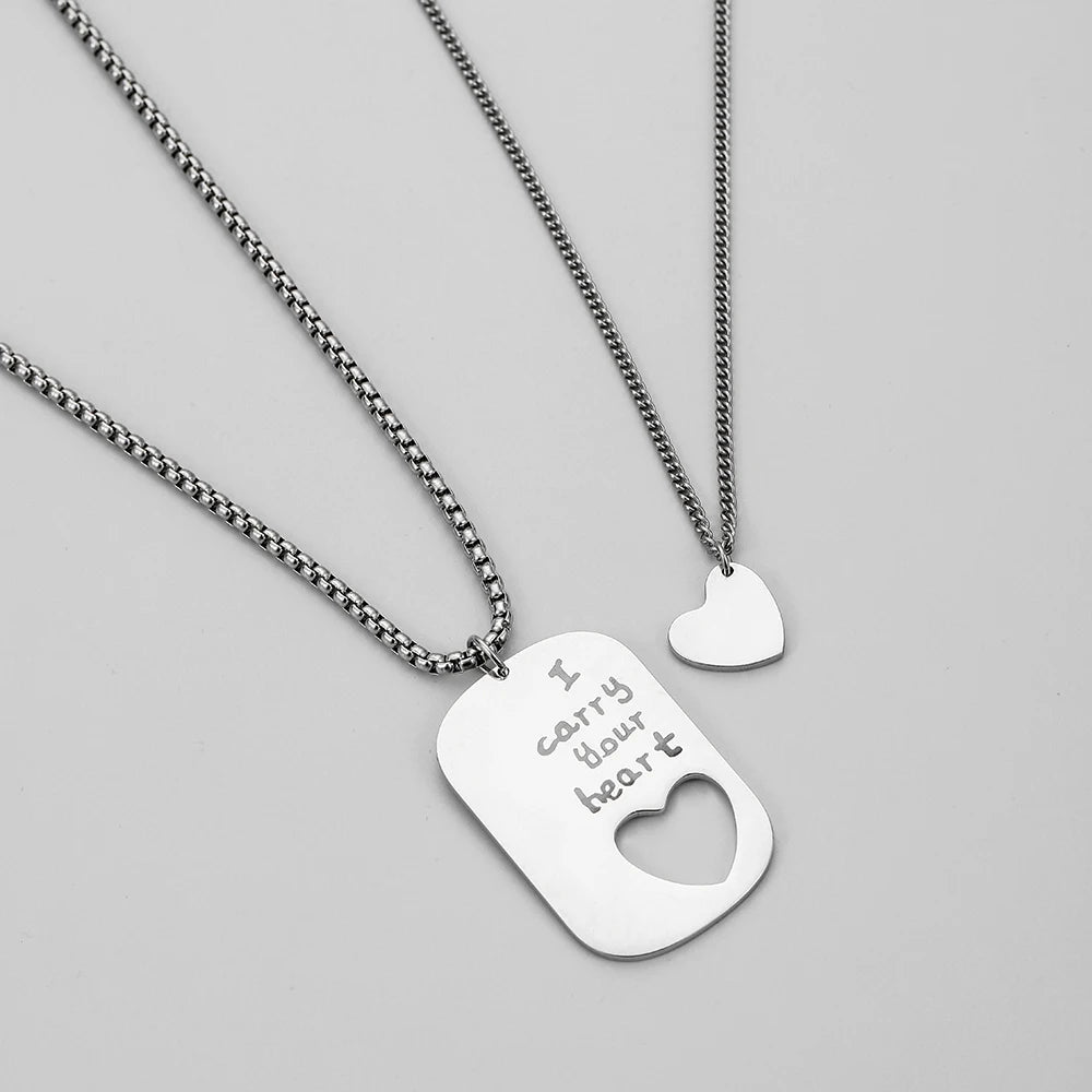 Couple Heart Shaped Square Pendant Stainless Steel Valentine's Day Gift Necklace