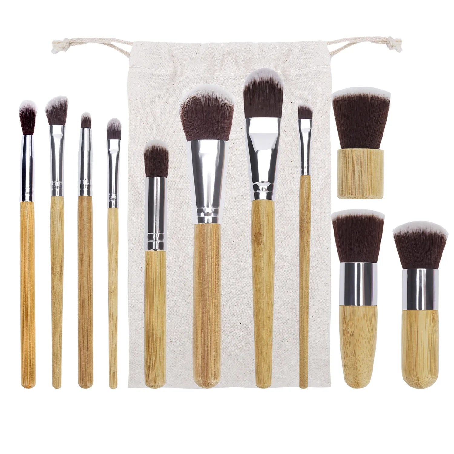11pcs Natural Wooden Handle Makeup Brushes Foundation Blending Make up Tool Set With Cotton Bag