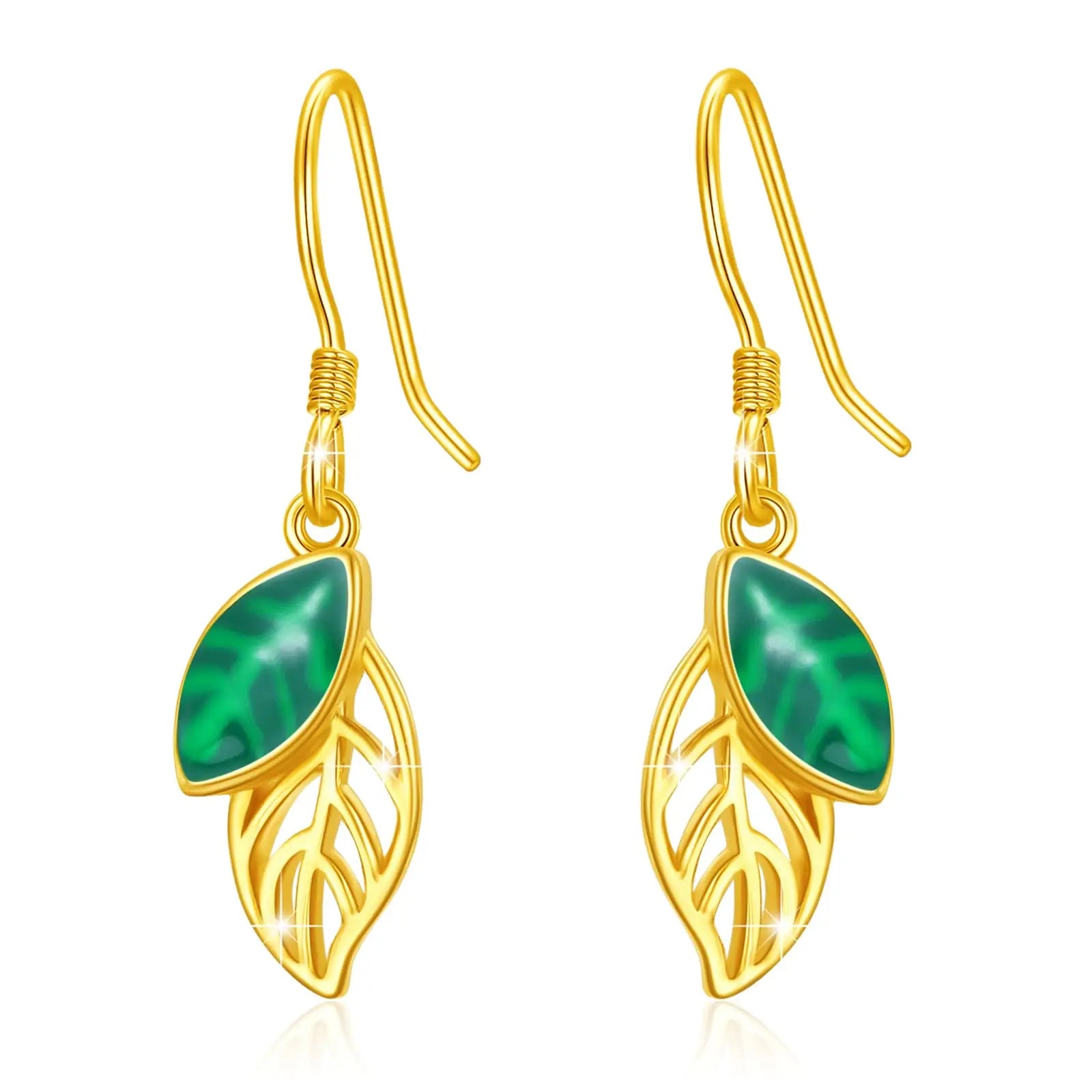 Gold Plated Leaf Dangle 925 Sterling Silver Green Leaf Earrings or Women