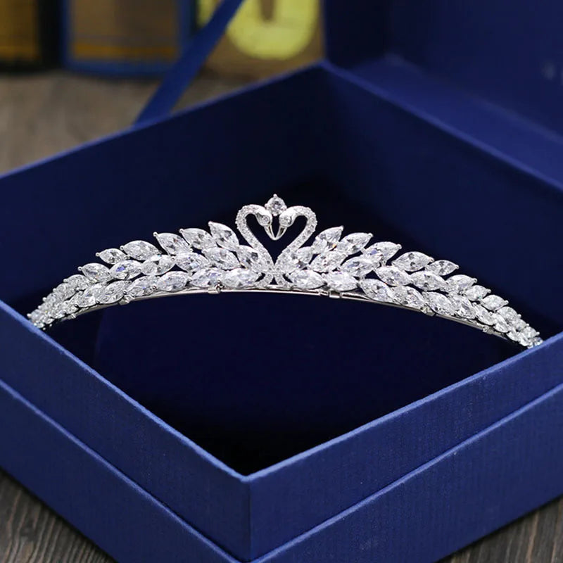 SLBRIDAL Prong Setting Peacock Shaped Cubic Zirconia Wedding Tiara CZ Bridal Queen Princess Pageant Party Crown Women Jewelry
