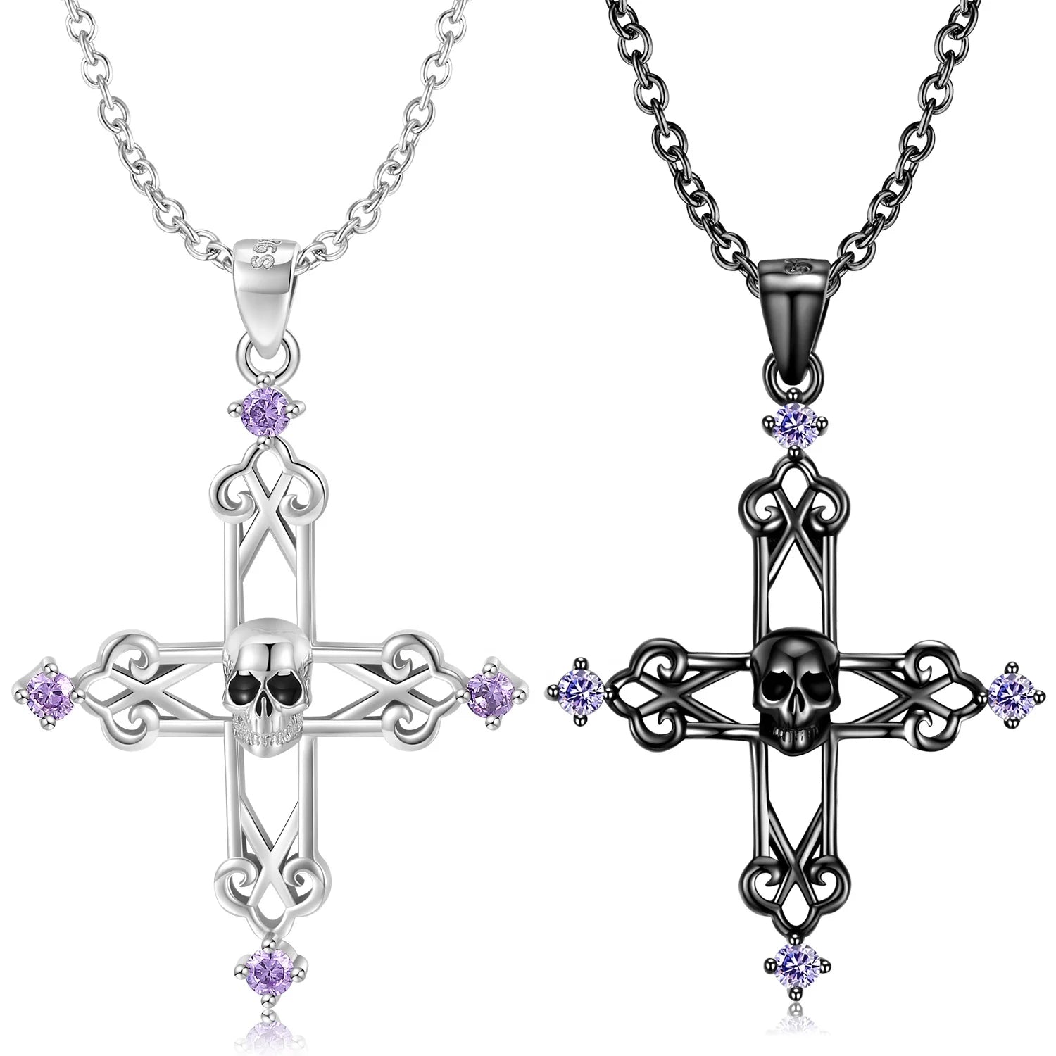 Skeleton Cross Necklace Pendant with Purple Zirconia Authentic 925 Sterling Silver for Women Necklace Jewelry Wholesale