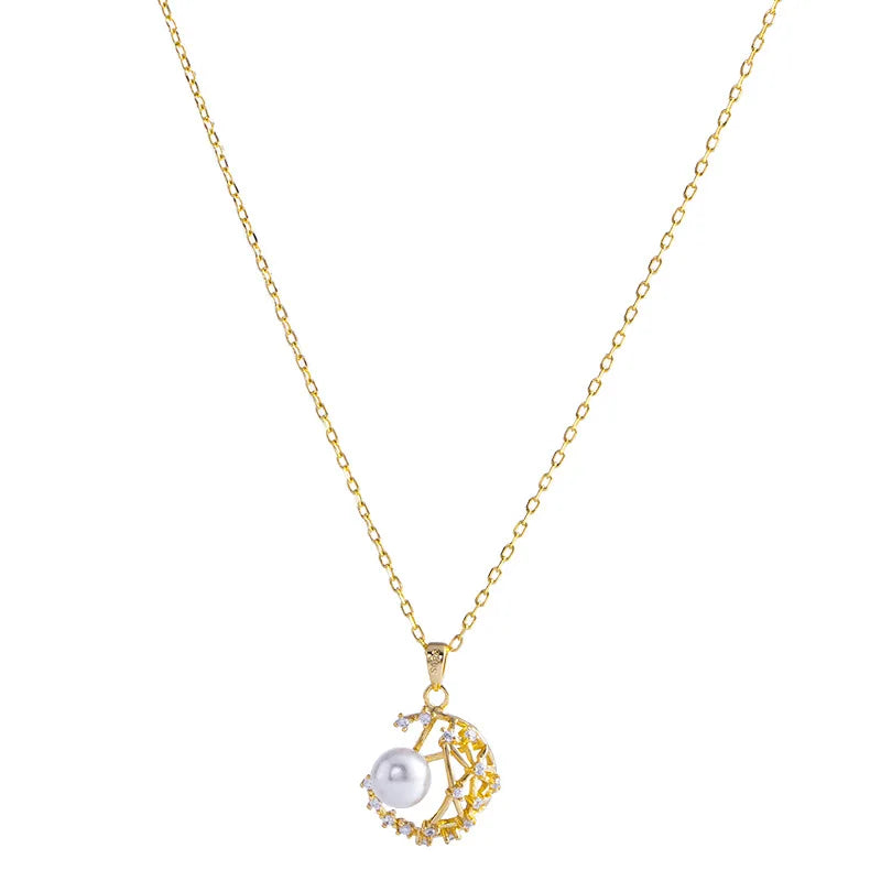 Fashion 925 Silver Jewelry Wholesale 925 Sterling Silver Necklaces Pearl Moon Diamond Zircon Gold Plated Necklaces Women