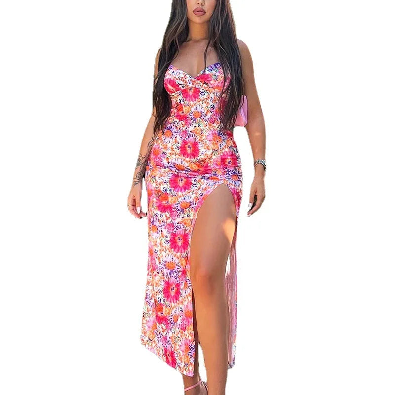 Elegant Dresses for Women Spaghetti Strap Sleeveless Off Shoulder Floral Print Casual Club Party Split Hem Long Dresses