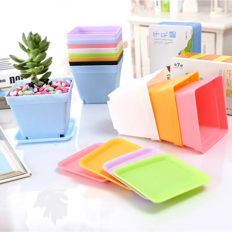 P113 Seed Starting Pots Mini Plastic Planters 10cm Flower Seedling Nursery Pots With Pallet Colorful Square Flower Plant Pots