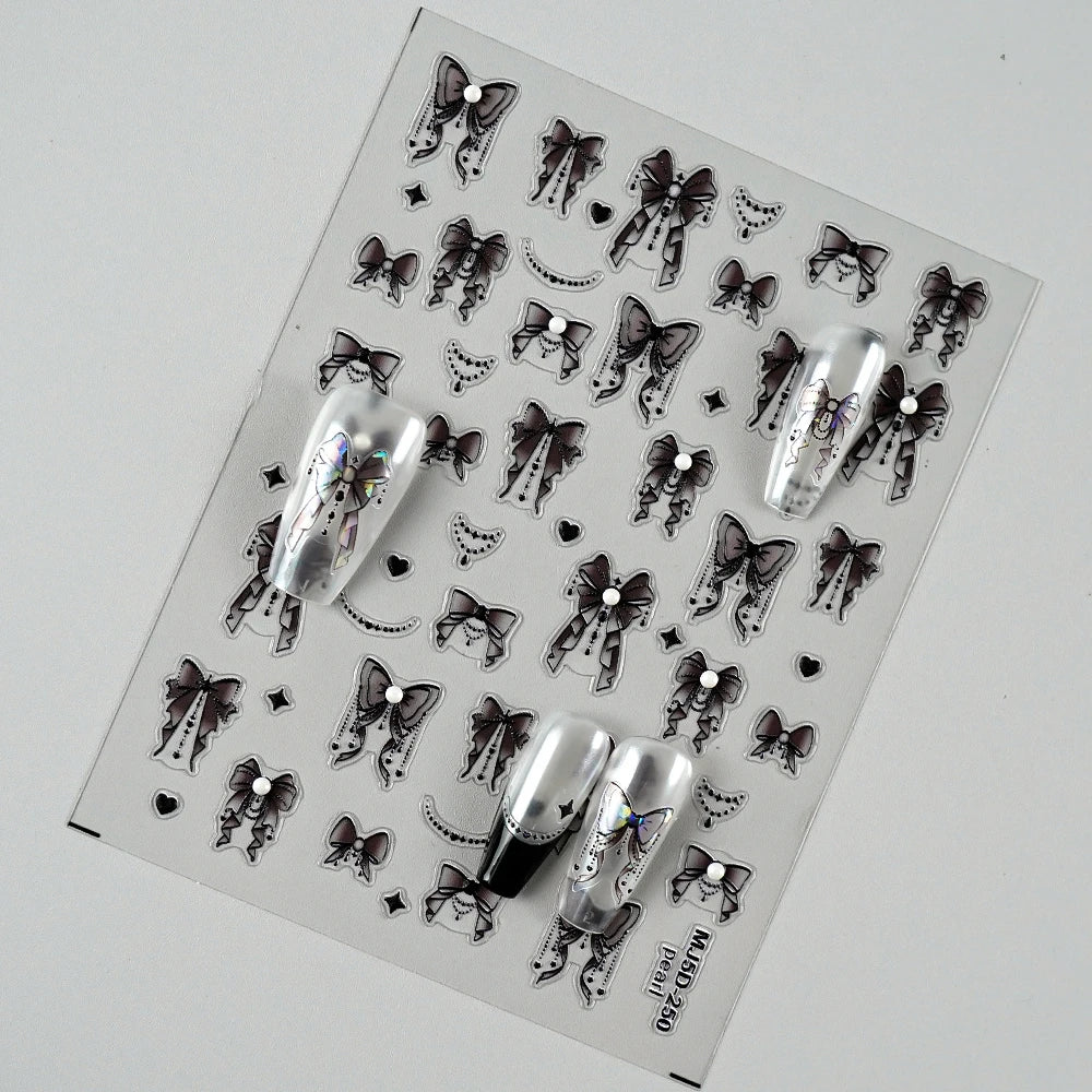 5D Embossed Laser Bow Nail Stickers Holographic Dark Style Nail Art Decals for Manicure Decoration