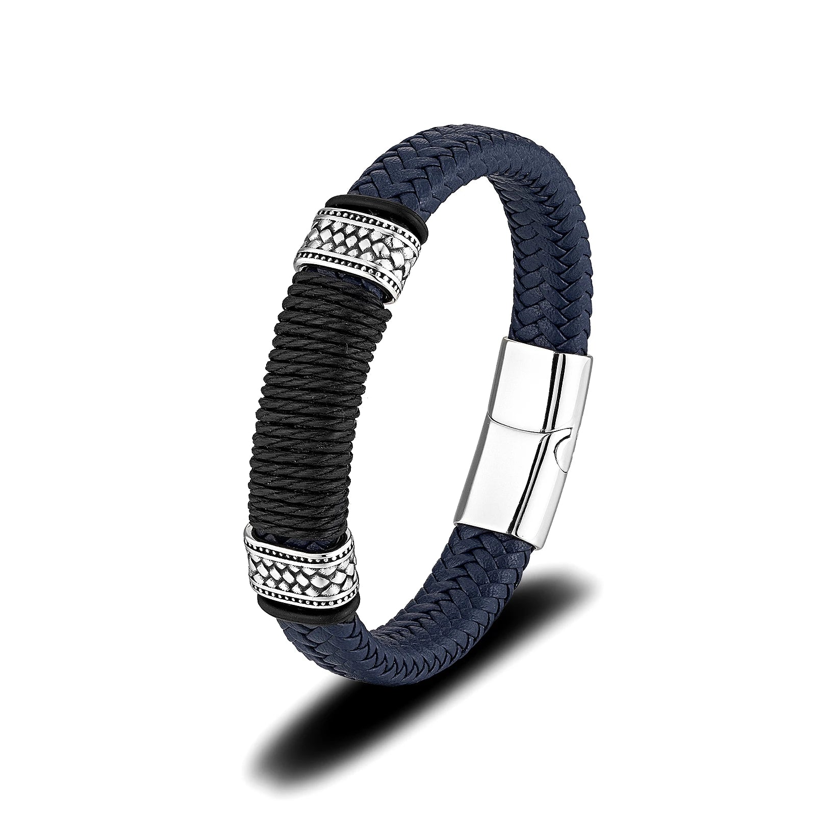 Wholesale Punk Wristband Bangle Blue Real Leather Bracelet Stainless Steel Man Fashion Custom Jewelry