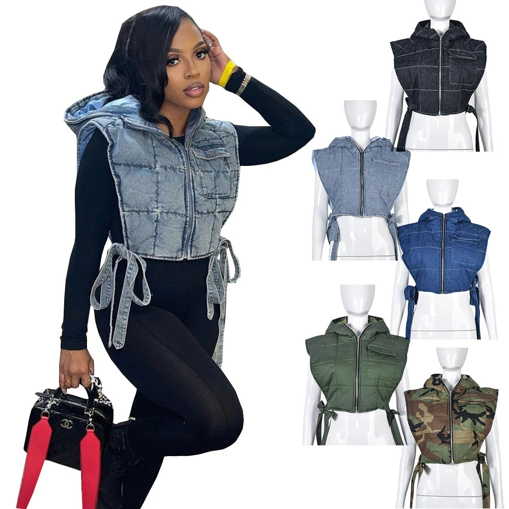 Wholesale Hot Sell Camo Clothing Hooded Jeans Denim Cotton Puffer Vest Femme Women'S Vests & Waistcoats Women