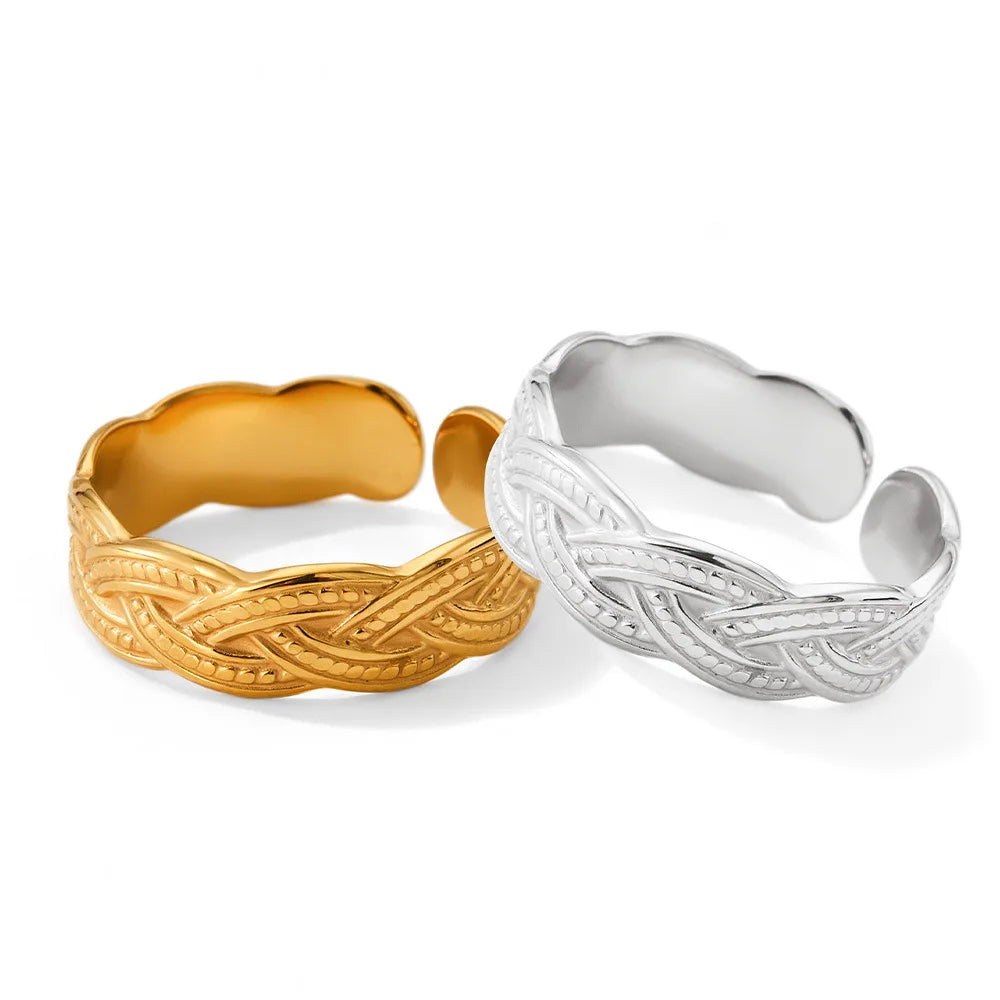 Minimalist Weave Texture Open Rings Stainless Steel 18K Gold Ring Non Tarnish Waterproof Jewelry Wedding Engagement for Women