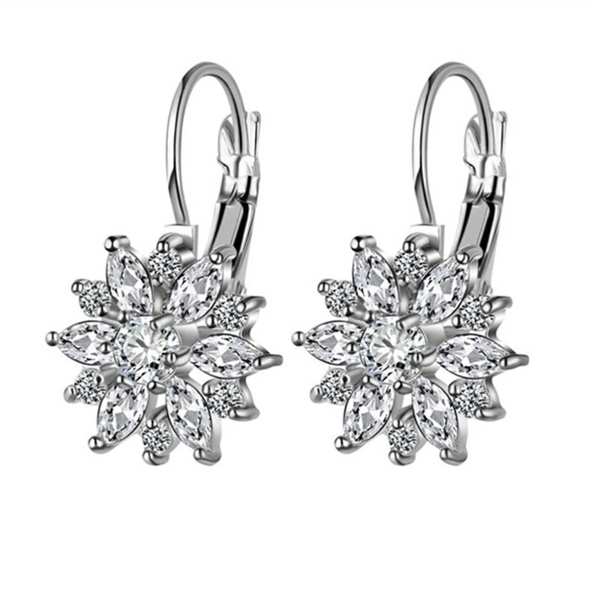 Women's Snowflake Leverback Cubic Zirconia Stud Earrings Fashion Drop Jewelry for Christmas Gift