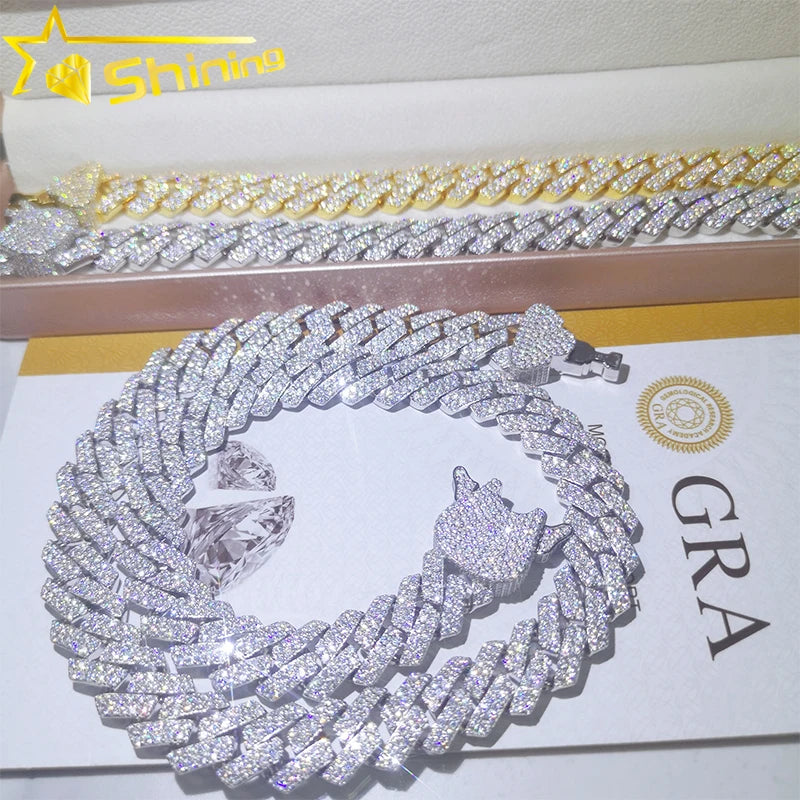 VVS Moissanite GRA Certificate Ice Out Diamond Mens Bracelet & Necklace 925 Sterling Silver Moissanite Cuban Chain