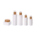 square Glass Cosmetic Bottle 30ml 50ml 100ml 120ml Opal Glass Bottle and 50 ml square Glass Jar with Bamboo Lid