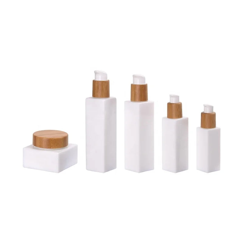 square Glass Cosmetic Bottle 30ml 50ml 100ml 120ml Opal Glass Bottle and 50 ml square Glass Jar with Bamboo Lid