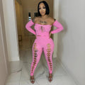 2024 New Rhinestone Hollowed Out  Long Sleeve Mesh Strapless Top and Tight Long Slim Pants Women 2 Piece Set Women