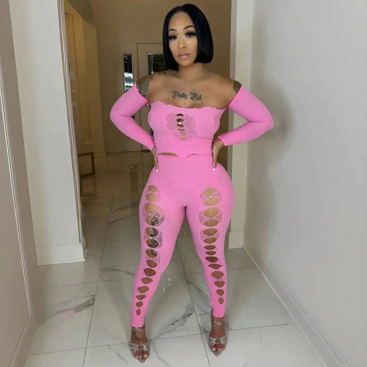 2024 New Rhinestone Hollowed Out  Long Sleeve Mesh Strapless Top and Tight Long Slim Pants Women 2 Piece Set Women