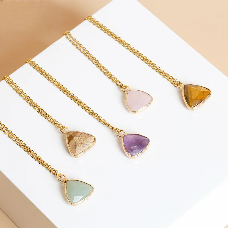 Woman Gold Necklace Hearts Couple Love Gold Natural Gemstone Faceted Triangle Pendant Necklace