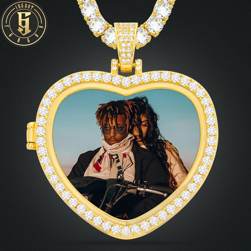 Wholesale Price Memory Jewelry Picture Frame Gold Plated Brass Zircon Iced Out Heart Shape Photo Pendant With Necklace