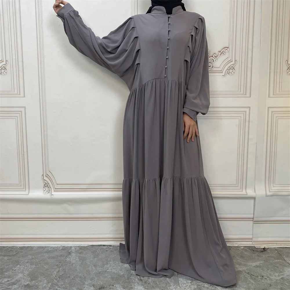 S-2XL Hot Selling Summer Long Dress Solid Loose A-Button Dress Muslim Crew Neck Dress