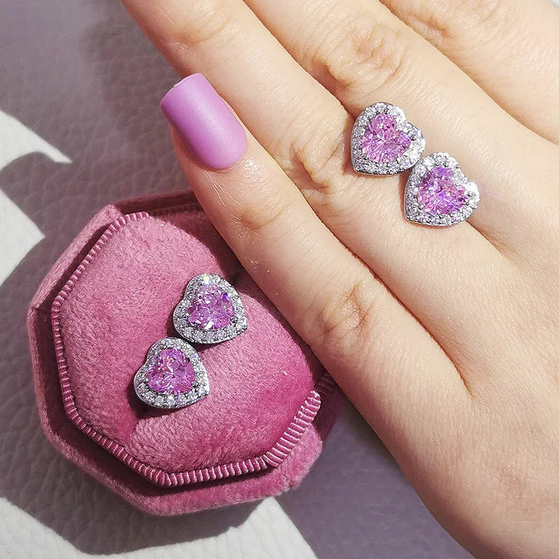 New Arrivals Silver Plated Round Oval Square Pear Cut CZ Diamond Stud Earrings Heart Pink Zircon Earrings for Brides