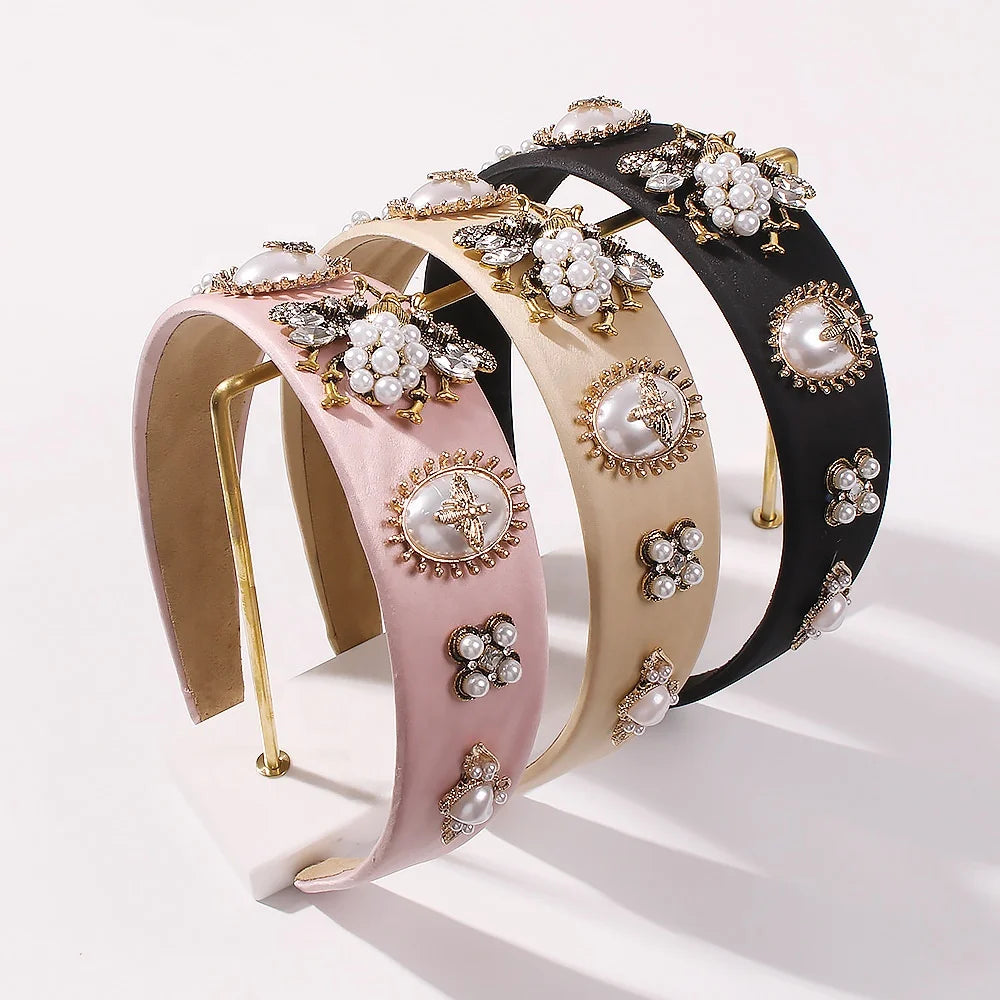 Jeweled Designers Hair Accessories Hairband Baroque Bee Headband Vintage Wide Crystal Alloy Rhinestone Pearl Wholesale Luxury MegaBDM