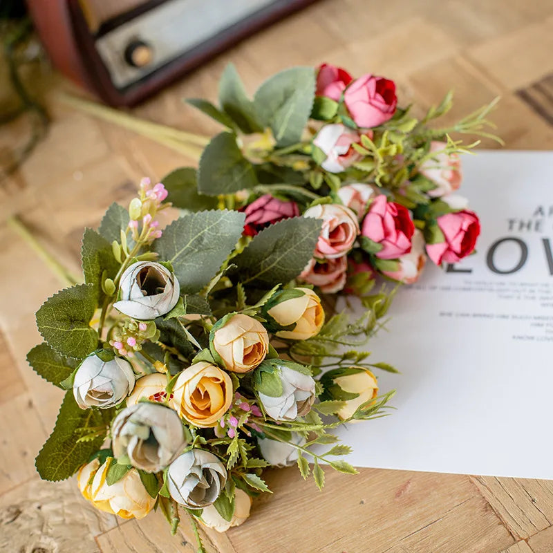 Best China Low Price 15 Heads Mini Tea Rose Bouquet Wholesale Artificial Flower
