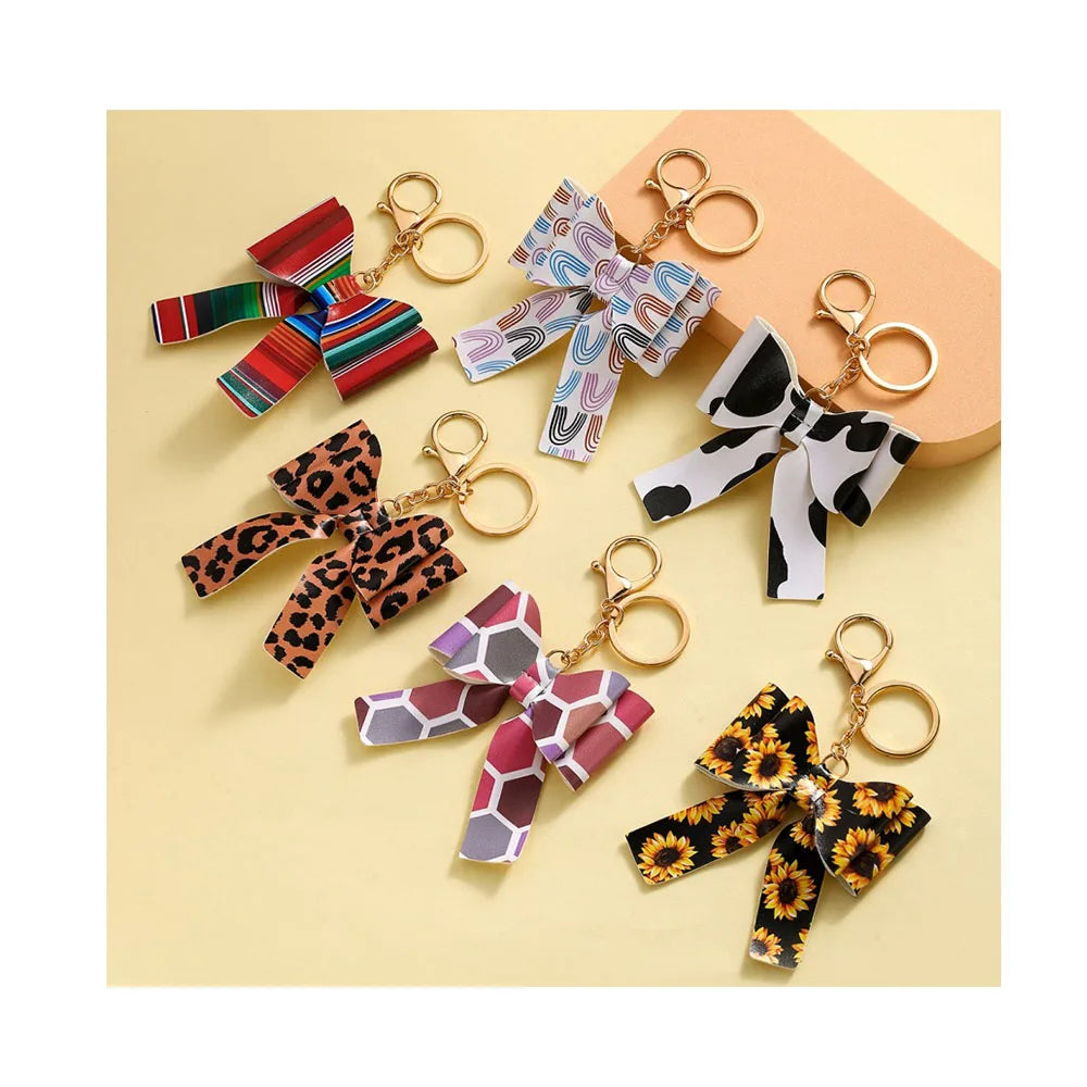 Cartoon Colorful Bow PU Leather Tassel Pendant Leopard Print Butterfly Keychain