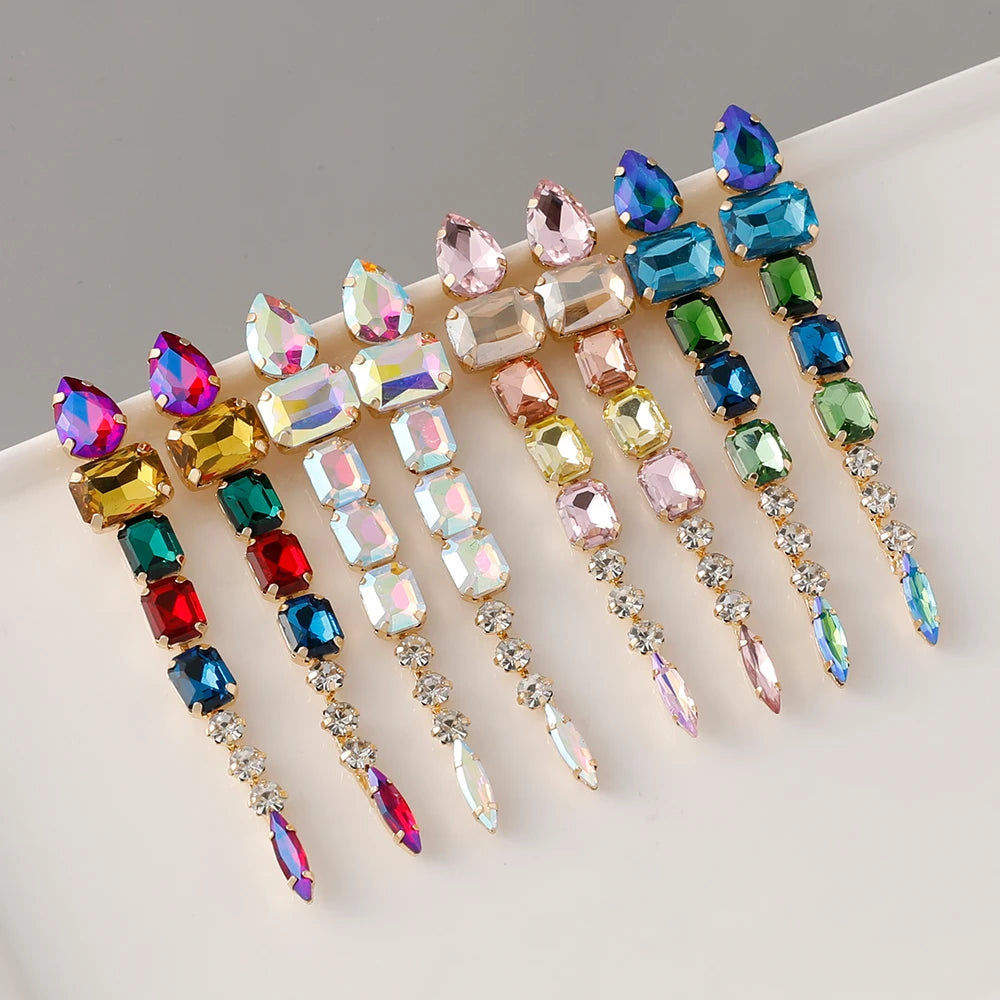 Exaggerated Bling Crystal Geometric Earrings Women Long Colorful Square Dangle Tassel Earrings for Party