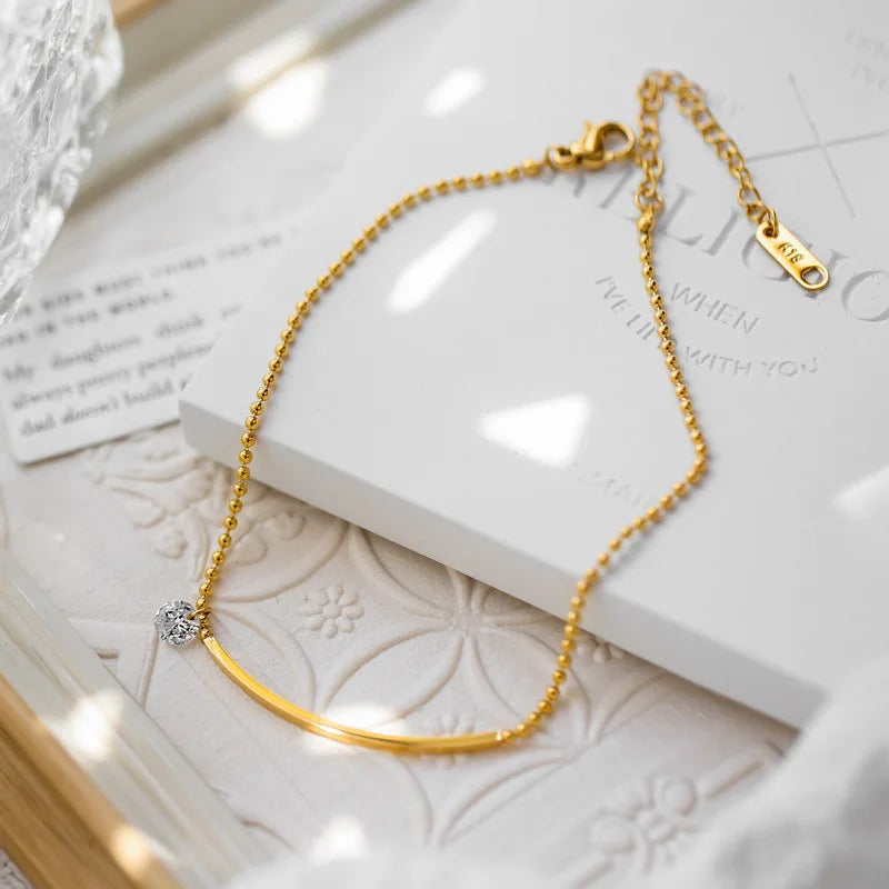 Non Tarnish Jewelry Summer Beach Anklets 18K Gold Plated Stainless Steel Beaded Chains Smile Zircon Charm Anklet YF3241