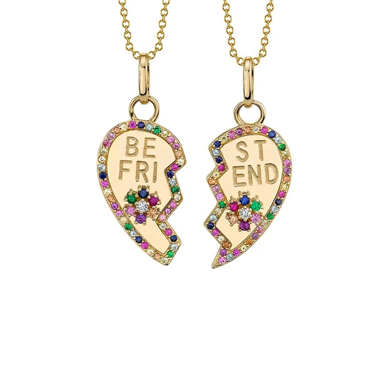 Gemnel Fashion Women 925 Silver rainbow Broken Heart Pendant Best Friend Couple Necklace