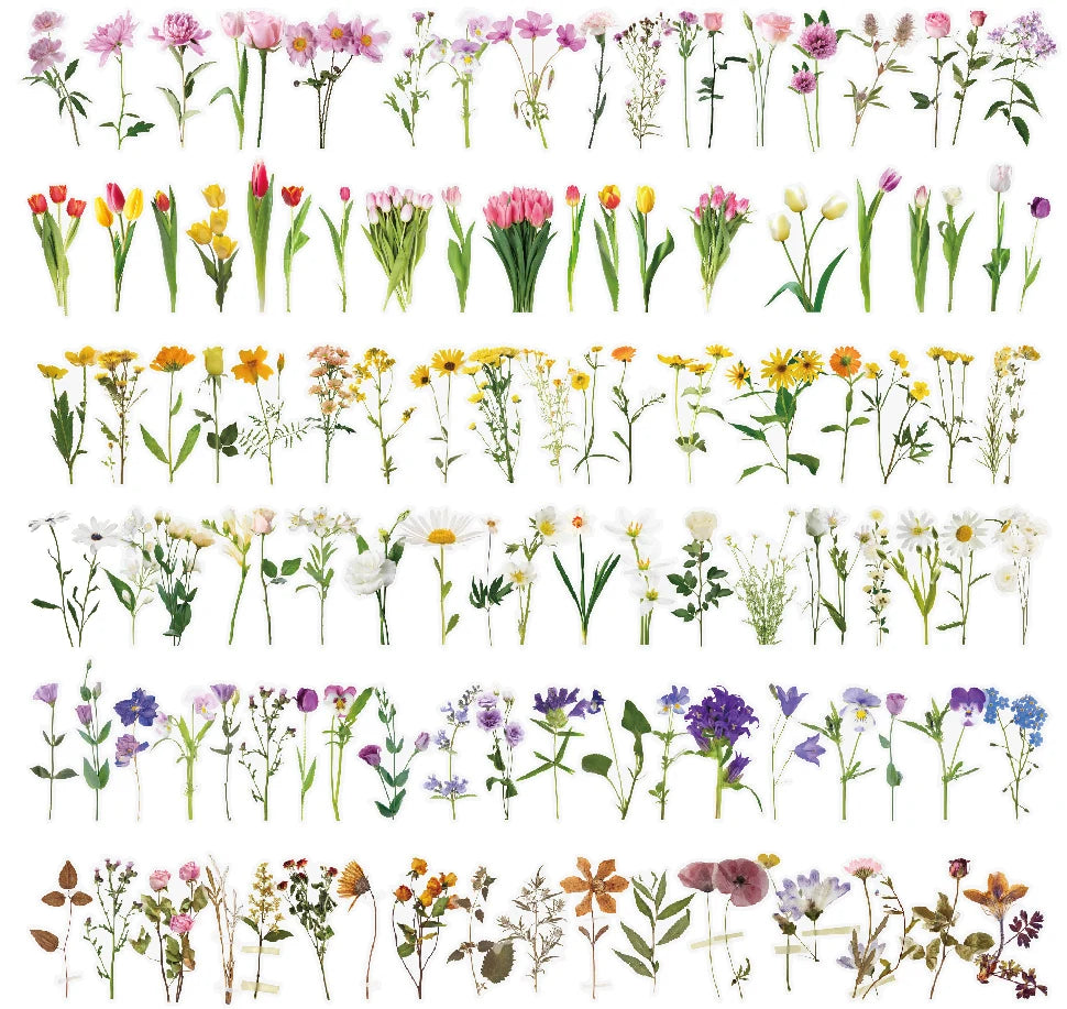 Cute Retro Floral Stickers Set PET Transparent Flower Sticker for Scrapbooking Planner Journaling Wrapping DIY Crafts Card Album
