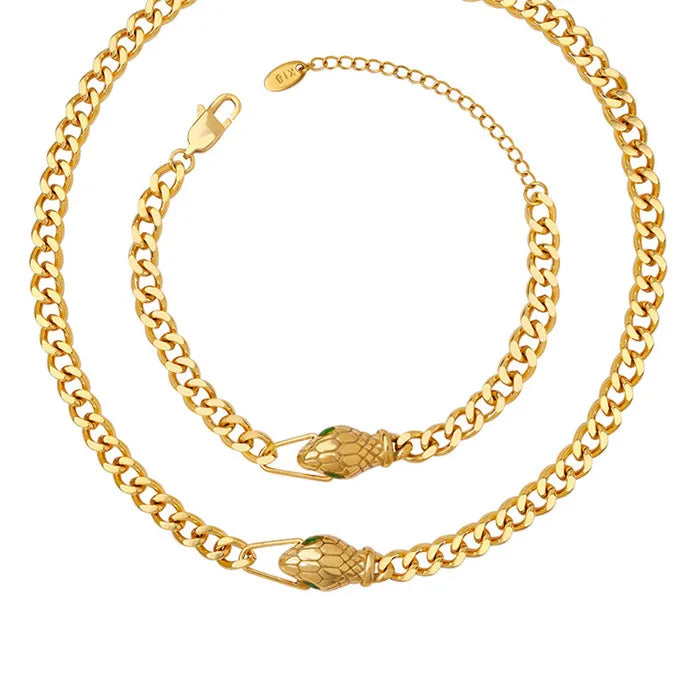 Waterproof 18K Gold Plated Stainless Steel Snake Head Pendant Bracelet Necklace