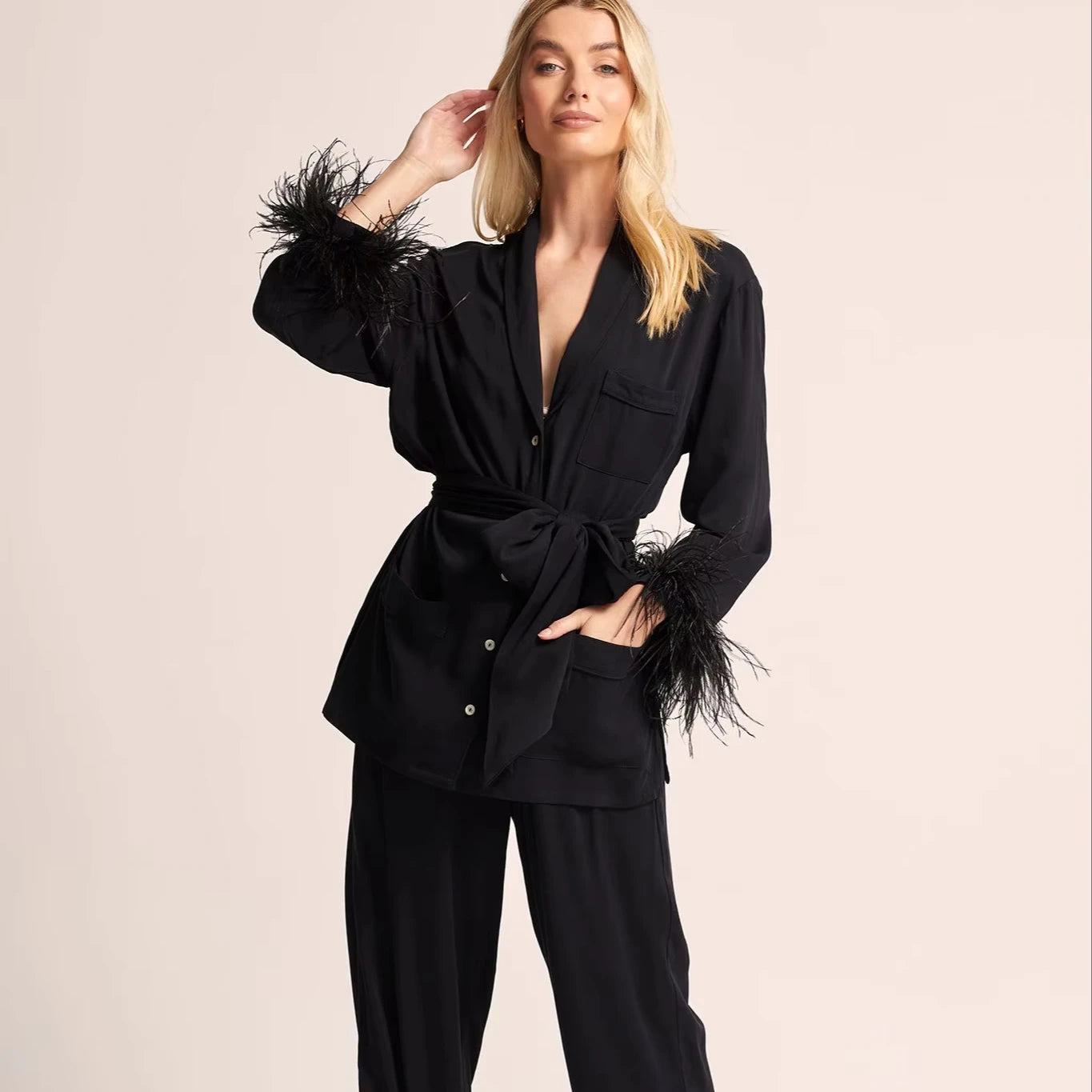 Sleeper Party Women Pajama set with Double Feathers and Feather-trimmed Crepe de Chine pajama set