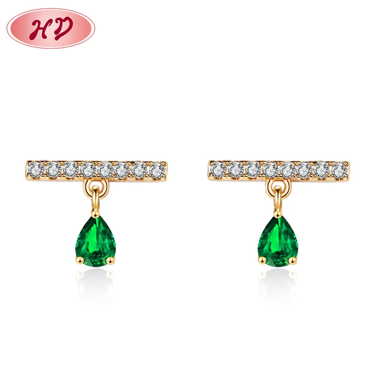 Free Shipping Jewelry Supplier Water Droplet Crystal Green Zirconia 18K Gold Women Earrings Stud Gold Plated Jewelry for Gift