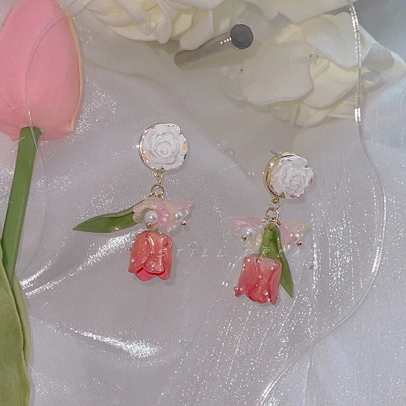 Ancient Ear Stud Female Gentle Temperament Exquisite Pink Tulip Flower Oil Painting Earrings Spring Summer Earrings Women