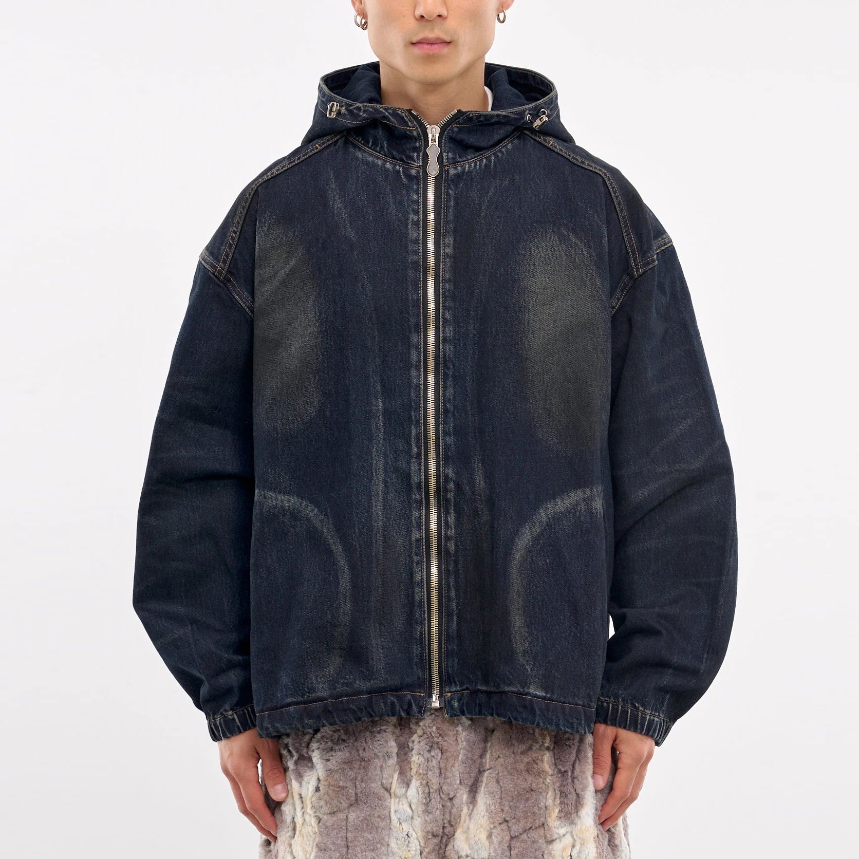 Custom Heavyweigh Denim Hoodie Work Jacket Street Style Stand Collar with Hood Distressed Workers Workwear Jeans for Winter