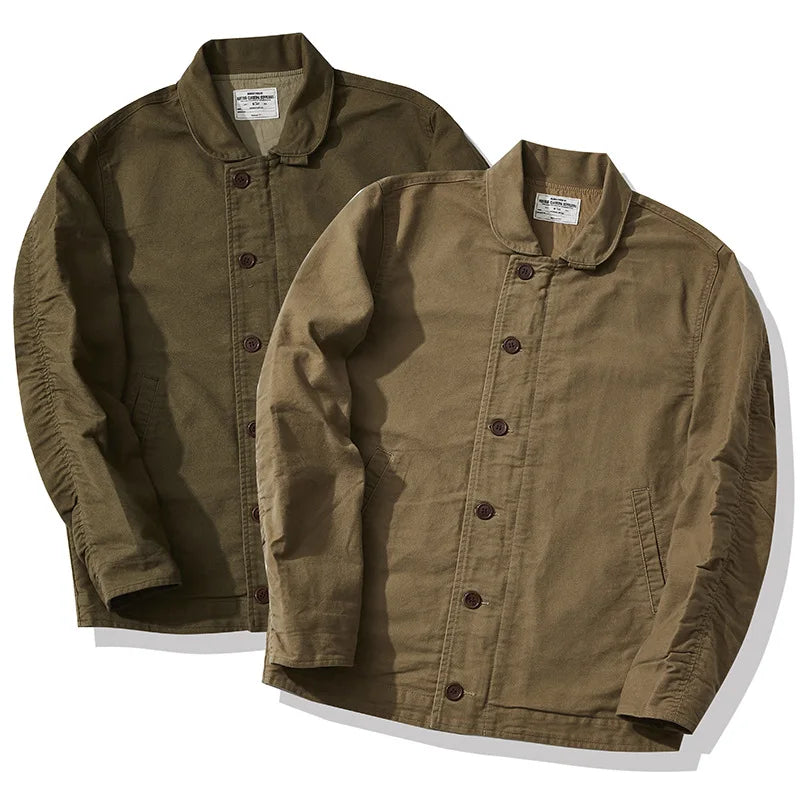 Vintage American Style Carpenter Jacket for Men 100% Cotton Canvas Spring Round Lapel Workerwear with Coating Process
