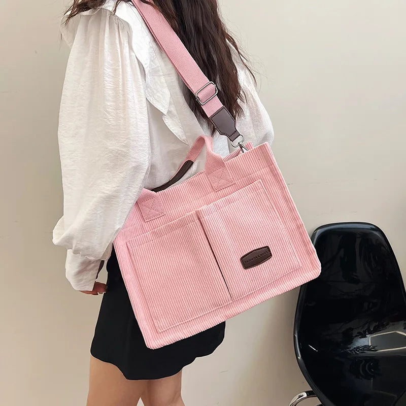 Women Shoulder Crossbody Casual Handbag Purse Solid Color Corduroy Tote Bags with Pocket Pink Corduroy Messenger Bag