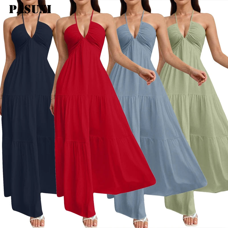 PASUXI Women's 2026 Sexy Solid Summer Dress Slim V Neck Halter up Belted Ruffle Hem a Line Dresses for Women