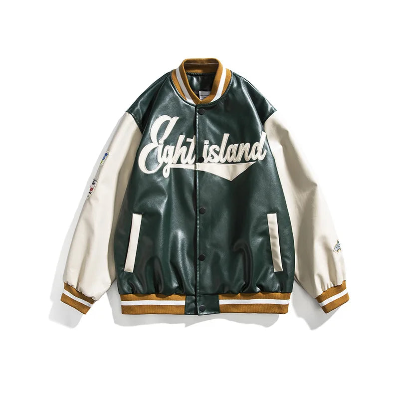 New Arrival Men's Hip Hop Satin PU Leather Bomber Jacket Stand Collar High Street Style for Fall and Winter