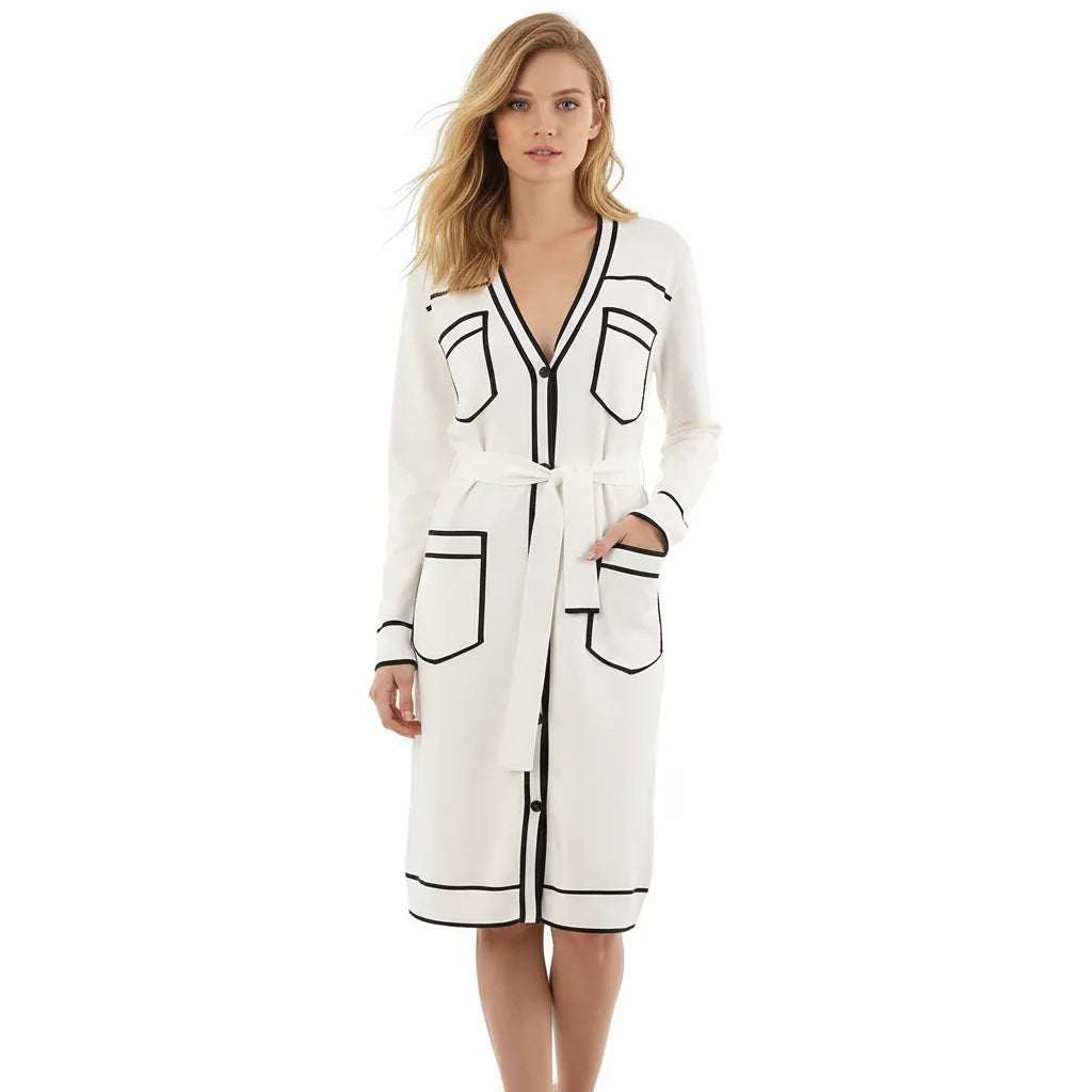 Custom Women Long Cardigan Sweater Deep V Neck with Pocket Long Coat Long Sleeve Button Belt Solid Women Long Cardigan