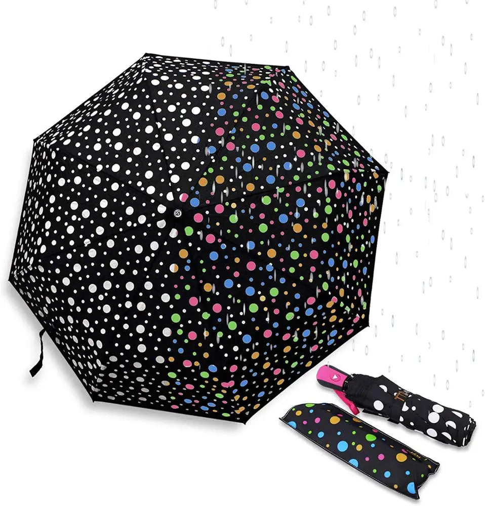 Ovida 3-Fold Minimalist Compact Portable Color Change When Wet Umbrella with Metal+fiberglass Frame and Semi-Automatic Opening