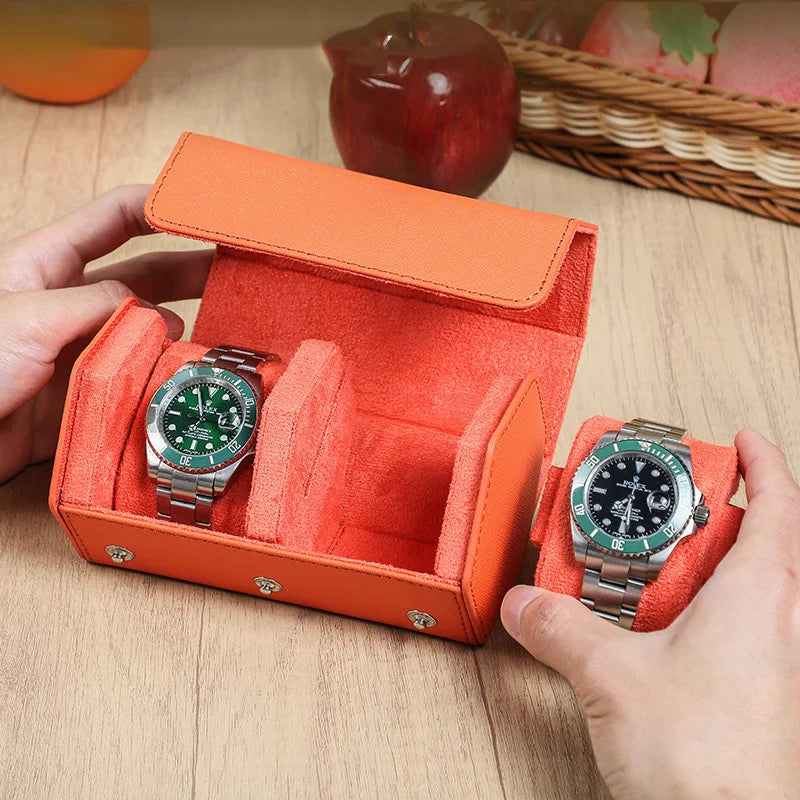 Luxury Classics Hexagonal Leather Travel Watch Case Dustproof Water Resistant Suede Lining Handmade 2-Slot Watch Box for Men