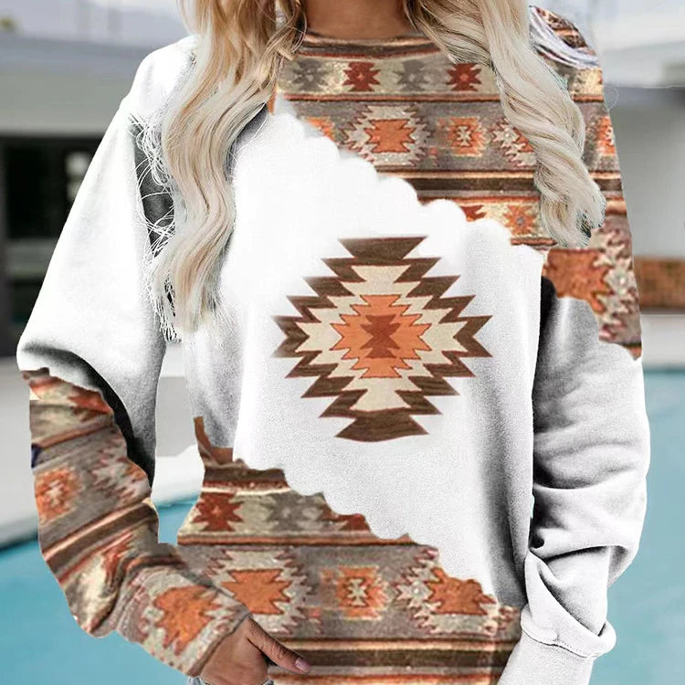 2025 Spring New Trendy Casual Western Women's Long Sleeve Tops Aztec Geometric Patterned O Neck T Shirts Sweatshirts Blouses