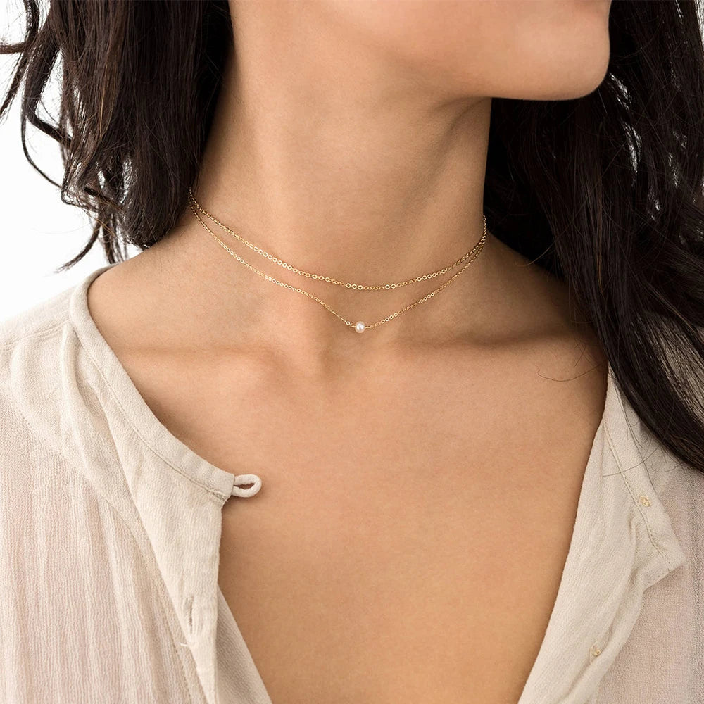 EManco Trendy 14K Gold Plated Double Layer Pearl Link Stainless Steel Chokers Necklace for Women-Wedding Party Anniversary Gift