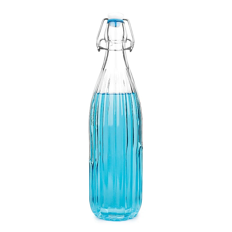 1000ml Vertical Stripe Shaped 1L Glass Water Drinking Bottle with Swing Top Clip Lid