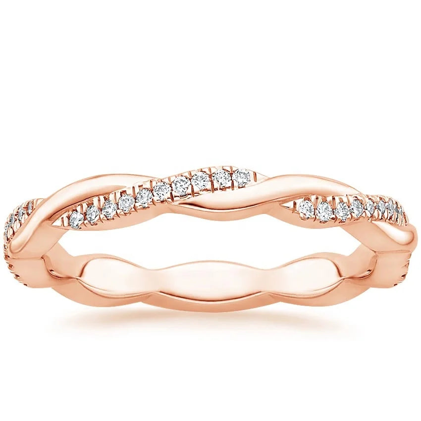 Wholesale Stackable Jewelry 10K Gold Micro Pave Moissanite Petite Twisted Vine Eternity Diamond Cross Wedding Ring for Women